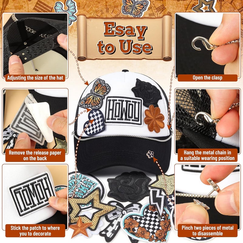 Meneng Western Trucker Hat for Cowboy: Men Women Adjustable Snapback Caps with 8pcs Embroidered Patches and a Chain - Image 2